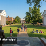 University of Mississippi campus in Oxford Mississippi showing historic academic buildings and student life