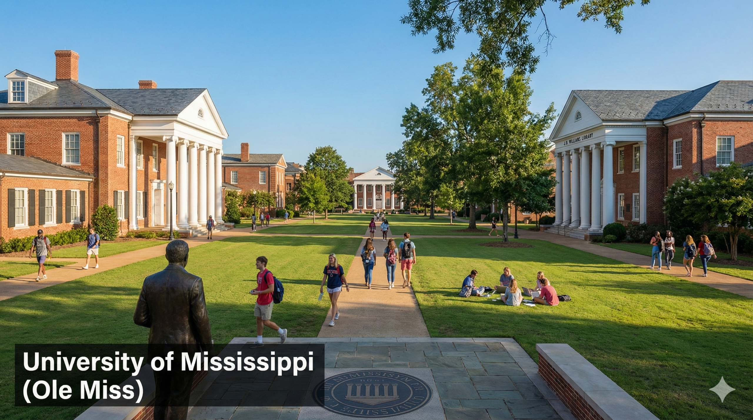 University of Mississippi campus in Oxford Mississippi showing historic academic buildings and student life