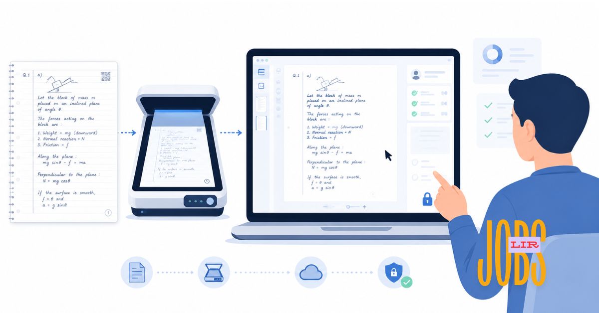 Illustration of CBSE OSM evaluation process showing answer sheet scanning and digital on-screen marking