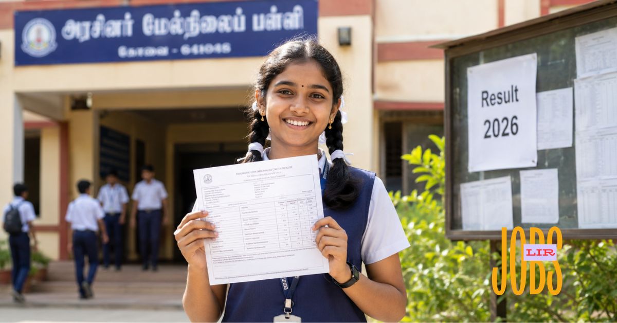 A student checking Tamil Nadu Class 10 Result 2026 with a printed marksheet outside a school