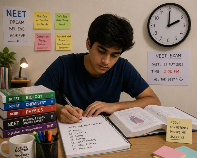Student preparing for NEET exam with clock showing 2 PM exam start time