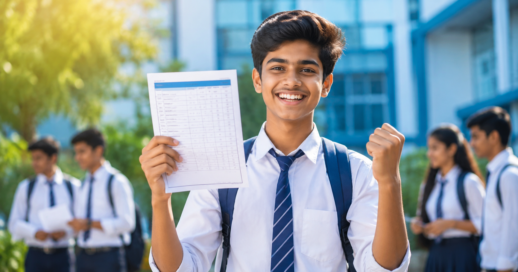 Indian student holding SSLC Result 2026 marksheet outside school building