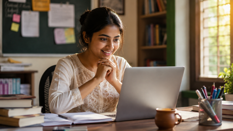 Candidate checking UPTET Result 2026 online on laptop"