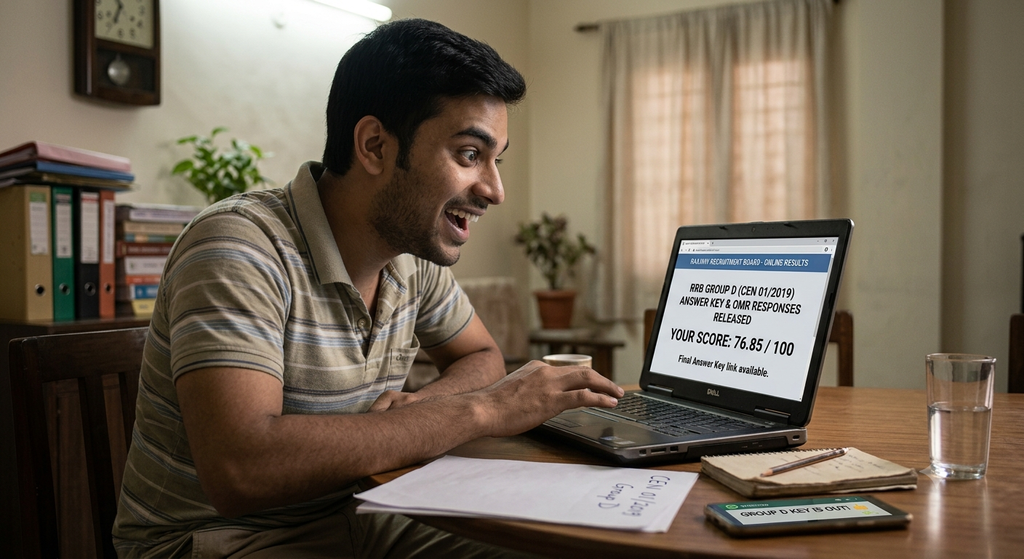 RRB Group D Answer Key 2026 download page on laptop screen