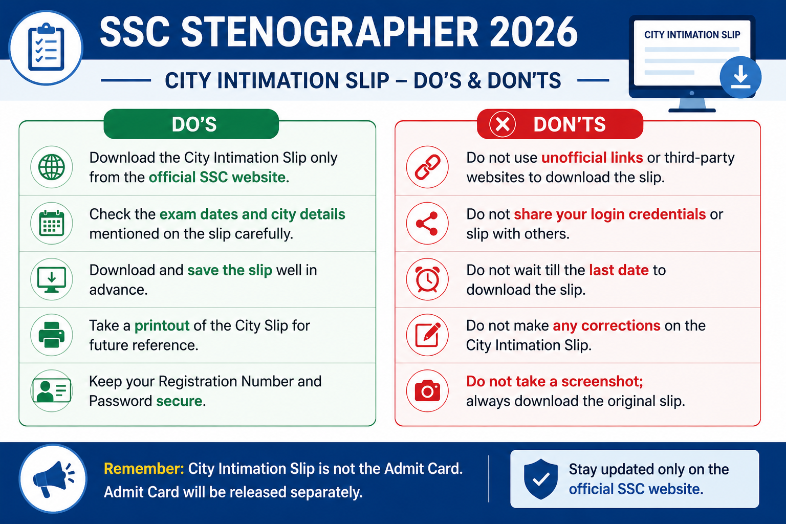 SSC Stenographer Exam City Intimation 2026